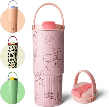 Термос-бутилка з трубочкою та ручкою BOTTLE BOTTLE, нержавіюча сталь, 750 мл, герметична, для авто, спорту, дому, офісу, школи, квітковий дизайн