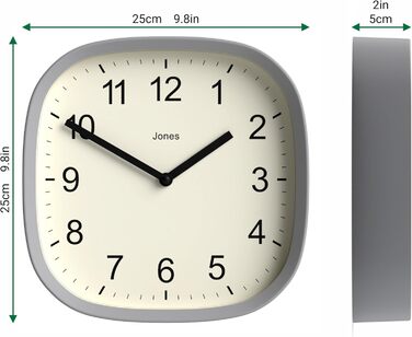 Квадратний ретро настінний годинник JONES CLOCKS Sprite з акрилу, м'ятний 25x25x5 см, сірий