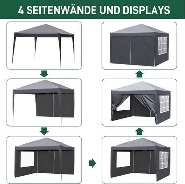 Павільйон 3x3 м Pop-up, водонепроникний, зимостійкий, регульована висота, UV захист 50+, сталевий каркас, для саду, вечірок, кемпінгу, на відкритому повітрі, з 4 боковинами, темно-сірий