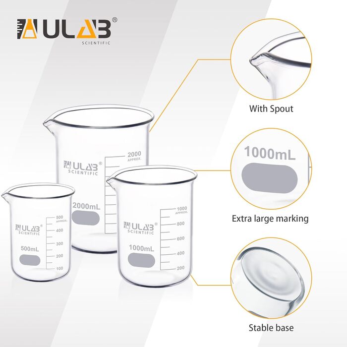 Набір скляних стаканів ULAB Scientific, 3 розміри, боросилікатний
