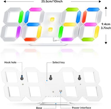 3D LED годинник-будильник EDUP HOME 9,7'' з RGB підсвіткою, безшумний, цифровий, USB, 7 кольорів, дата, температура, додаток і пульт, для спальні, вітальні, офісу