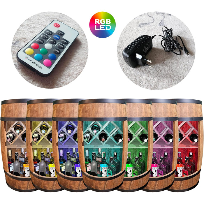 Дерев'яний бар-винний стелаж CREATIVE COOPER Fass Bar LED RGB з тримачем для вина, винний шафа-бочонок 80x50 см, темно-коричневий, для дому, декор у стилі рустик
