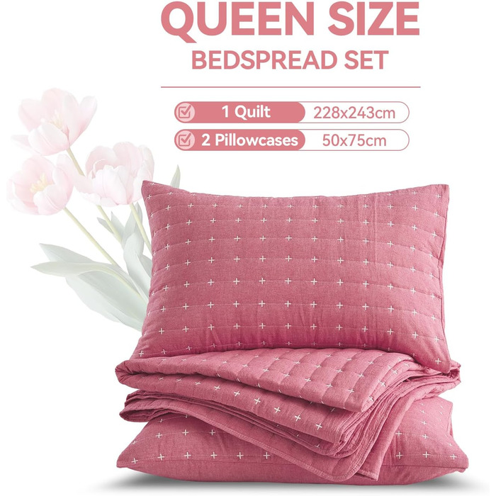 Покривало Qucover 220x240 см рожеве, бавовна, ультрам'яке, з вишивкою, комплект з 2 наволочками, стьобане покривало для ліжка або дивану