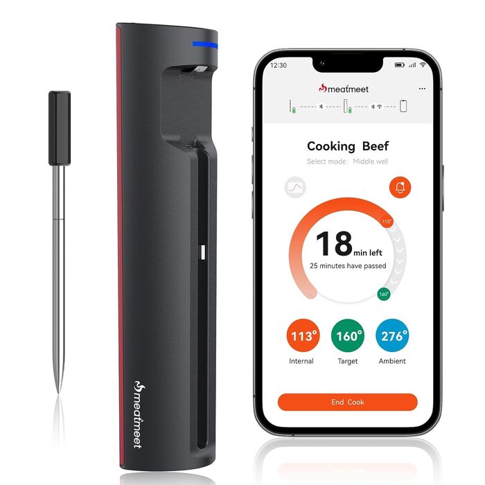 Meatmeet Pro бездротовий термометр для м'яса з Wi-Fi та Bluetooth, водонепроникний IP67, з таймером і додатком, для барбекю, духовки, гриля, кухні, вертіла