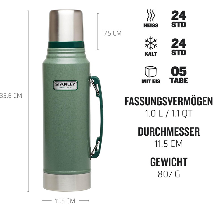 Термос Stanley Classic Legendary, нержавіюча сталь, 1 л, 24-32 год тримає тепло/холод, BPA Free, кришка-чашка, для напоїв, для подорожей