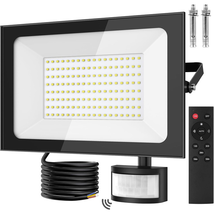 LED прожектори з датчиком руху та освітленості для вулиці, 150Вт, 6500K, IP66, з пультом, водонепроникні, для саду, гаража, спортмайданчика, papasbox, 2 шт.