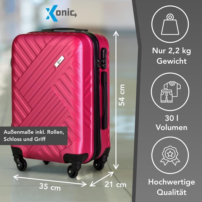 Жорсткий валізний чемодан Xonic Design Boardcase 55x35x20 см, з кодовим замком і 360° колесами, ручна поклажа, неоново-рожевий, преміум-якість