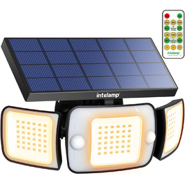 Сонячний LED-світильник INTELAMP з датчиком руху, 6000 мАг, 1200 Лм, 270° ширококутний, IP65, з пультом, для вулиці, ганку та гаража, тепле світло