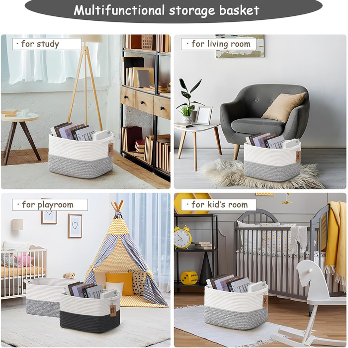 COMFY-HOMI кошик з бавовняного каната з ручками для іграшок, книг та полиць, органайзер для зберігання 34,3×27,9×24,1 см, біло-сірий
