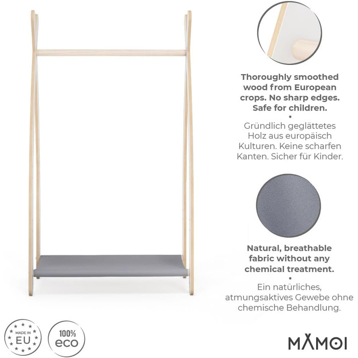 Дитяча вішалка для одягу MAMOI 100% ECO, дерев'яна, для дитячої кімнати, 106x95x32 см / 53x95x32 см, біло-сіра, з полицею, виготовлено в ЄС