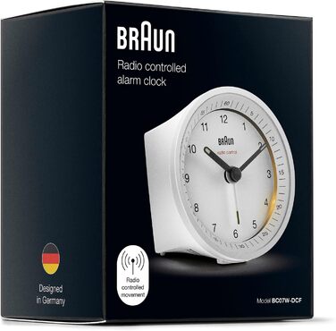 Класичний аналоговий радіобудильник Braun BC07W-DCF для Центральної Європи (MEZ/GMT+1), з підсвічуванням, функцією відкладення, тихим механізмом та наростаючим сигналом, білий