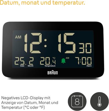 Цифровий годинник Braun BC10B з будильником, датою, місяцем, термометром, LCD-дисплеєм, швидким налаштуванням, чорний