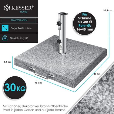 Гранітна основа для парасолі KESSER 30 кг з ручкою, квадрат, з нержавіючою трубою, для парасольок 16-48 мм, сіра, для саду та балкону