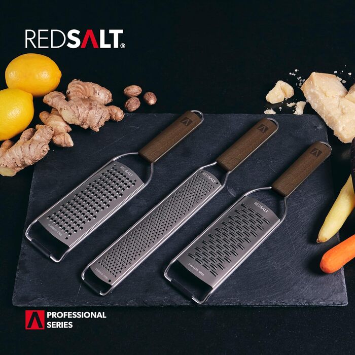 Преміум набір терок REDSALT з нержавіючої сталі з ручкою з волоського горіха — універсальна кухонна терка для лимона, імбиру, моркви, сиру, пармезану, професійний кухонний зестер та джулієн