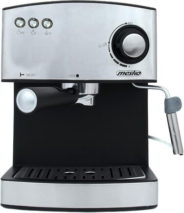 Кавоварка Mesko MS4403 еспресо 15 бар, ріжкова, для кави, капучино та латте, з мілк-фротером, підігрівом чашок, нержавійка, резервуар 1,6 л, 850 Вт