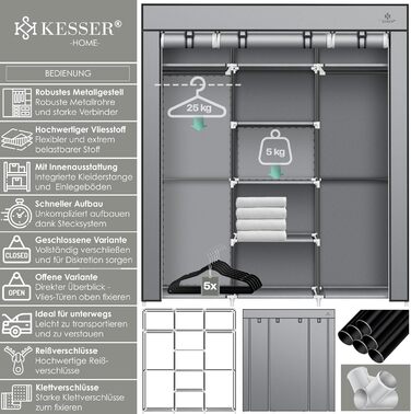 Тканинна шафа для одягу KESSER з полицями та вішалкою, 150x45x175 см, 5 вішаків, сіра, для спальні та гардеробної