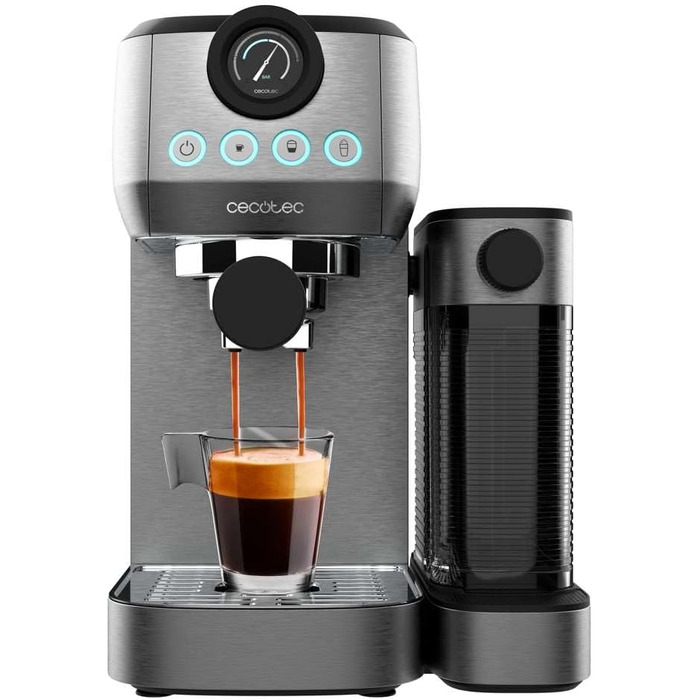 Кавоварка Cecotec Cafelizzia 790 Steel Pro, 1350 Вт, еспресо та капучино, термоблок, 20 бар, манометр, автоматичний режим, поворотна парова трубка, резервуар 1,2 л, нержавіюча сталь, з манометром, для молока