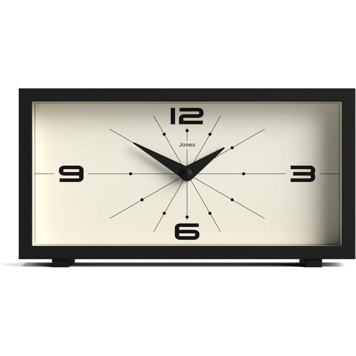 Настільний годинник JONES CLOCKS Odeon чорний, сучасний ретро-дизайн, прямокутний, для полиці, столу, каміну чи тумбочки