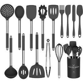 Набір кухонного посуду Umite Chef 15 предметів, силіконовий, термостійкий, антипригарний, без BPA, з нержавіючою ручкою – лопатка, ложка, щипці, вінчик