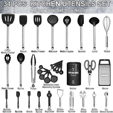 Набір кухонного приладдя Umite Chef, 34 предмети, силіконові кухонні інструменти з антипригарним покриттям, силіконові лопатки з ручкою з нержавіючої сталі, чорний, аксесуари для каструль і сковорідок