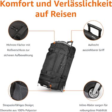 Дорожня сумка на колесах Amazon Basics 87 л, легка та міцна, ріпстоп, з телескопічною ручкою, для подорожей, роботи та відпочинку, чорна