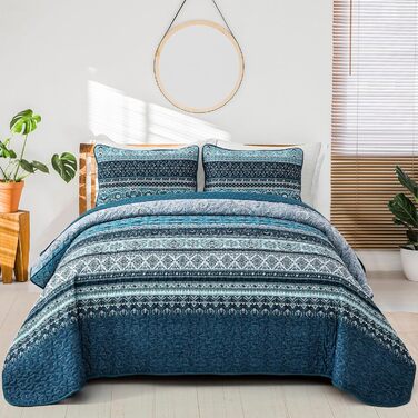 Покривало WONGS BEDDING 220x240 см, стьобане, комплект 3-в-1, мікрофібра, бохо стиль, темно-синє, з 2 наволочками 50x70 см, для двоспального ліжка або дивану