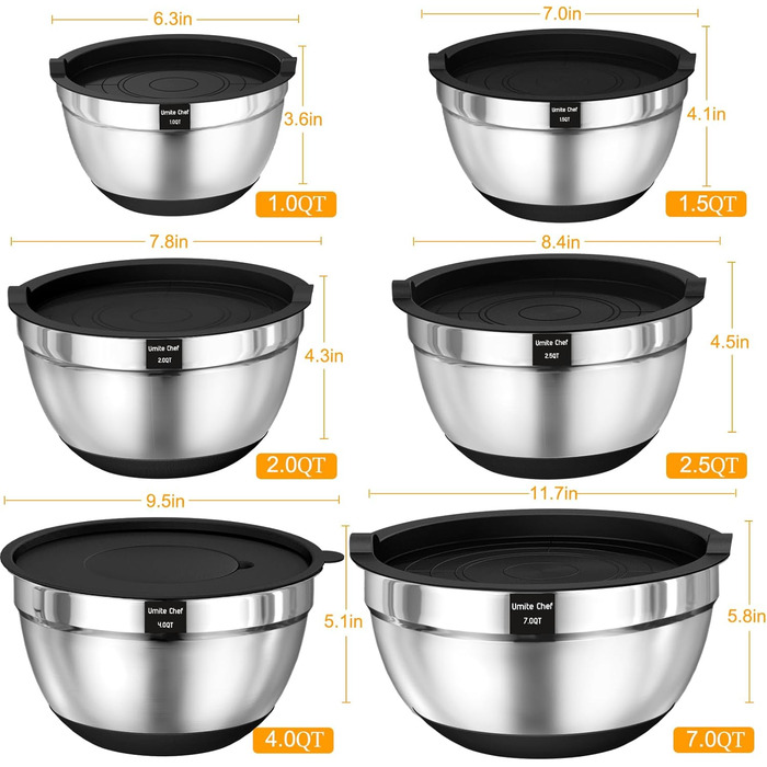 Набір металевих мисок Umite Chef з кришками, 26 предметів, терки, нековзка основа, об'єми 7/4/2,5/2/1,5/1 л – для змішування та зберігання