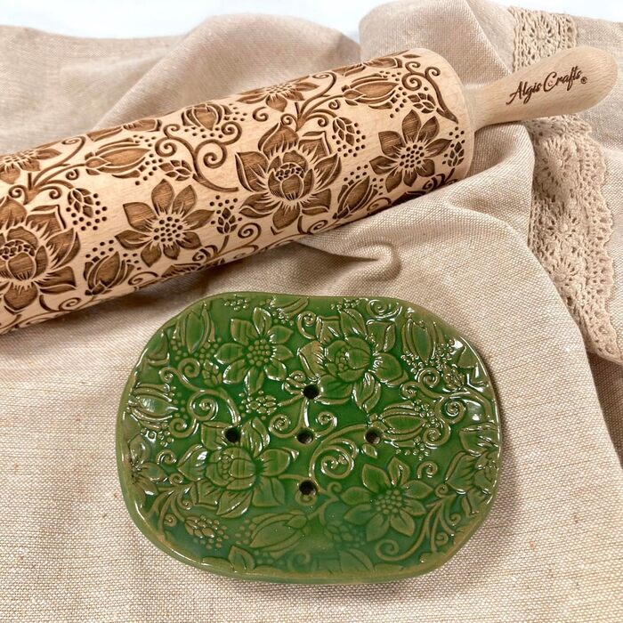 Рельєфна качалка для тіста з візерунком «Великі квіти» LOTUS від Algis Crafts, для домашньої випічки та кераміки