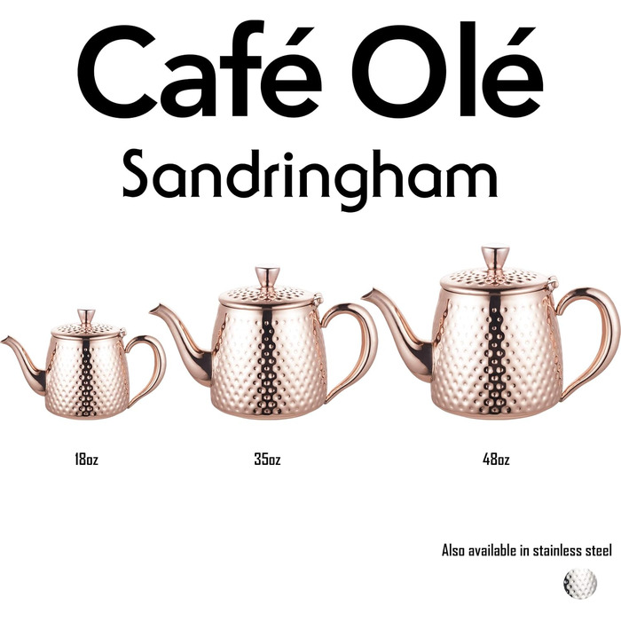 Чайник Café Olé Sandringham з ефектом кування, нержавіюча сталь 18/10 і мідна поверхня, 0.5 л, не протікає, порожнисті ручки