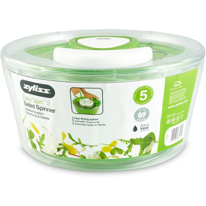 Сушарка для салату Zyliss Easy Spin 2, 6 л, пластикова, зелена, з чашею, технологія Aquavent