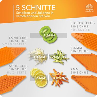 Овочерізка Börner V1 Starter Set, V-подібна, 4 насадки, фруктотримач, регульована, для овочів та фруктів, нарізка скибками, соломкою, кубиками, помаранчева