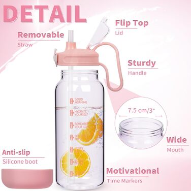 DEARRAY Скляна пляшка для води 1.5 л з трубочкою і часовою розміткою, мотиваційна, BPA Free, герметична, з силіконовим чохлом, рожева