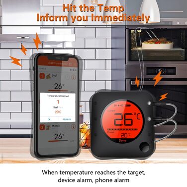 Бездротовий Bluetooth термометр для гриля BFOUR 100м з 4 нержавіючими зондами, великим LCD-дисплеєм, для м'яса, гриля, коптильні, духовки та BBQ