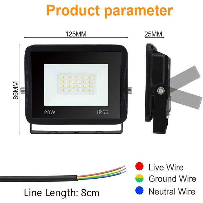 LED прожектор для вулиці та приміщень, 2 шт, 20 Вт, IP66 водонепроникний, 8500 Лм, 6000K холодне біле світло, кут освітлення 120°, надяскравий ліхтар для двору, фасаду, гаража