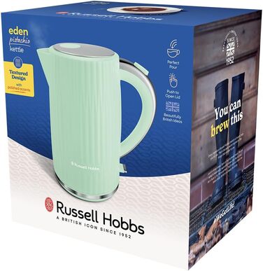 Електрочайник Russell Hobbs Eden 1,7 л, 2400 Вт, білий, з нержавіючої сталі, знімний фільтр від накипу, кнопка відкриття кришки, індикатор рівня води, підсвічування, BPA-free, 27360-70 (пісташковий)