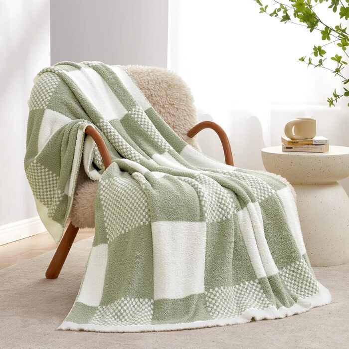 Плед Snuggle Sac в клітинку, салатовий, мікрофібра, флісовий, теплий, м'який, двосторонній, для дивана, крісла, ліжка, 127x152 см