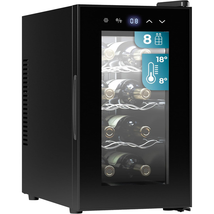 Винний шафа Cecotec Bolero GrandSommelier 830 CoolWood, термоелектрична, тиха, для 8 пляшок, налаштування температури 8-18°C, сенсорне керування, енергоефективна, чорна