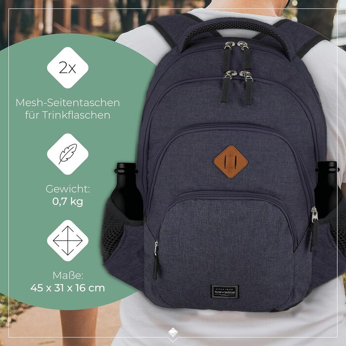 Рюкзак для ручної поклажі Travelite BASICS 22 л, для ноутбука 15,6'', багато відділень, міський, 45 см, темно-синій