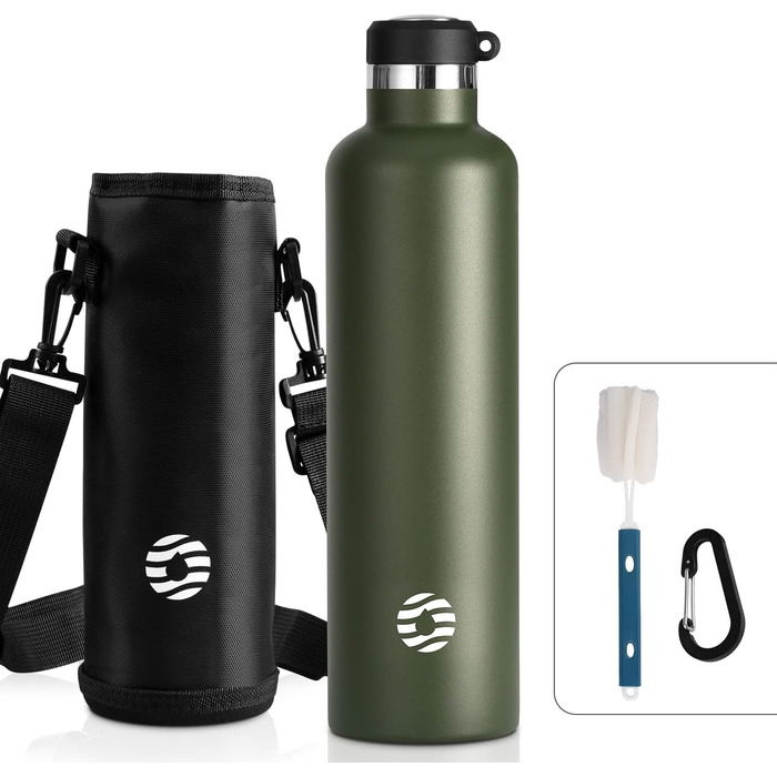 Термос-бутилка FEIJIAN FJbottle 316 з нержавіючої сталі, вакуумна, 1000 мл, з карабіном, BPA-free, спортивна, герметична, темно-зелена – для спорту, роботи та подорожей