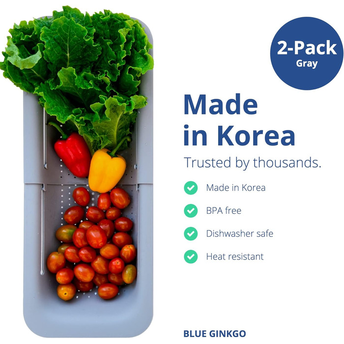 BLUE GINKGO кошики-сито для раковини, 2 шт, розсувні, сірі, для миття овочів, фруктів, зціджування макаронів, кухонне приладдя