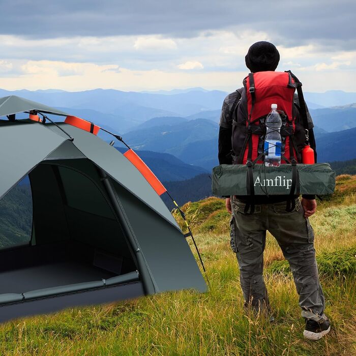 Amflip туристичний намет для 1 особи, автоматичний Pop Up, ультралегкий купольний, 4 сезони, водонепроникний і вітростійкий, із знімним зовнішнім тентом, двошаровий, зелений