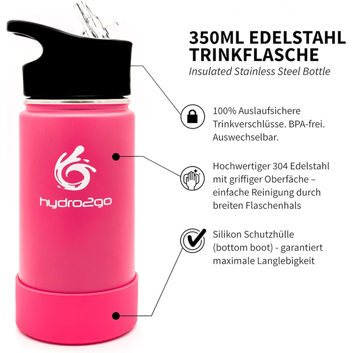 Дитяча термос-пляшка з нержавіючої сталі 350 мл Pure Pink, без BPA, з 2 герметичними кришками (трубочка і спортивна)