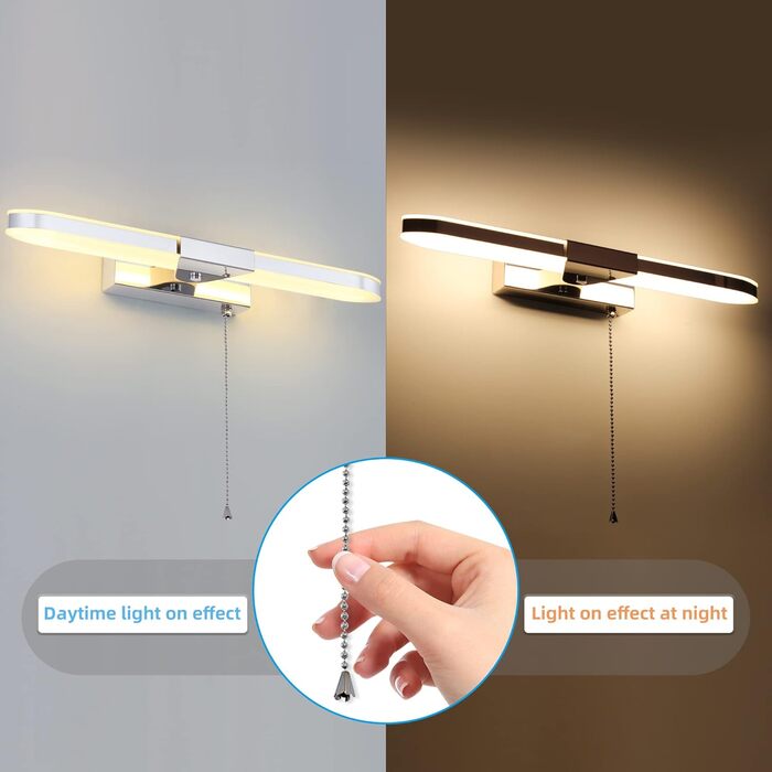 Світильник для ванної MantoLite LED з вимикачем, 40 см, 8 Вт, 3000K, настінна лампа для дзеркала з нержавіючої сталі й акрилу, сучасне підсвічування для готелю, ресторану