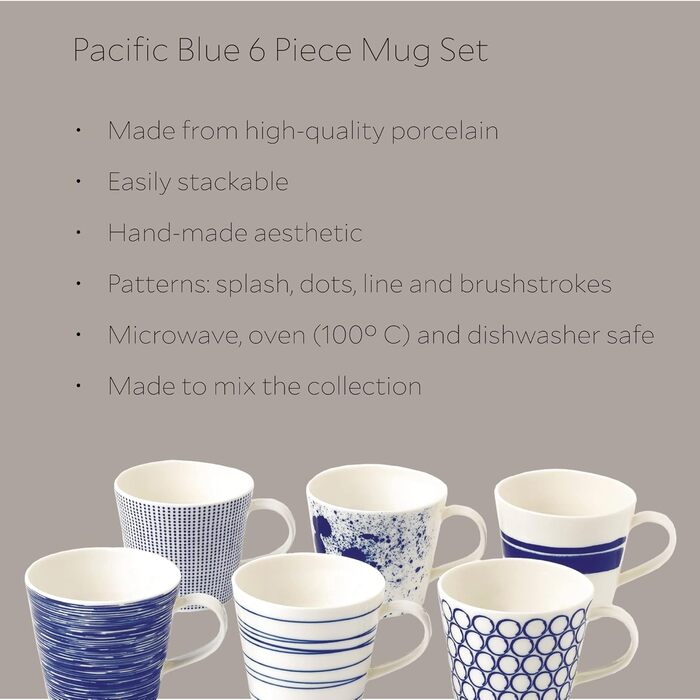Набір чашок Royal Doulton Pacific, 6 шт., порцеляна, 9 см, сині