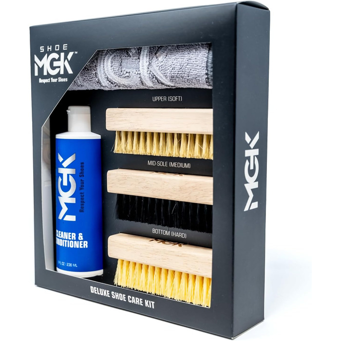 SHOE MGK Набір для догляду за взуттям Deluxe – засіб для чищення білих, шкіряних, замшевих, текстильних та інших типів взуття, 236 мл, з м'якою щіткою