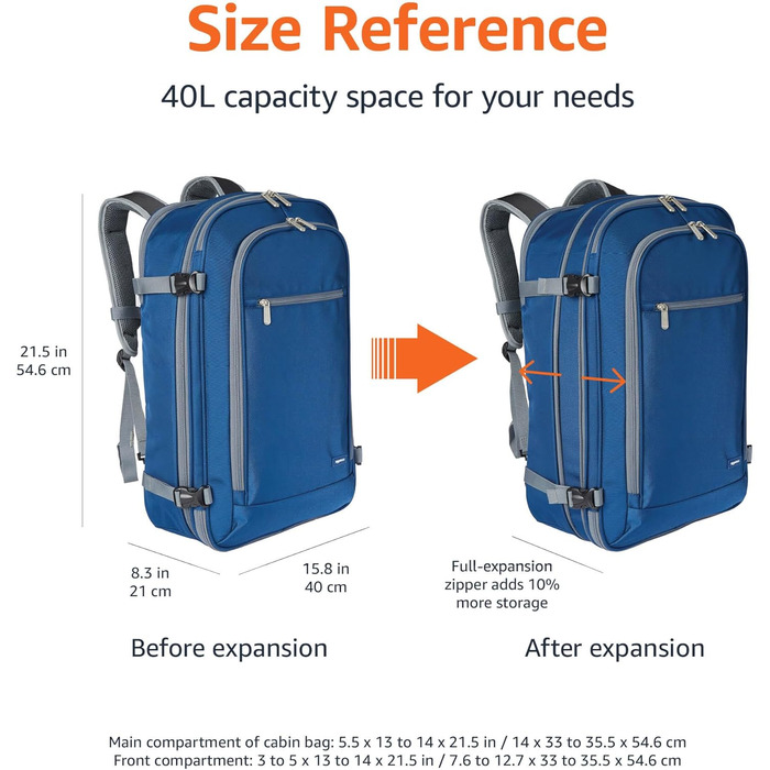 Рюкзак для подорожей Amazon Basics 40L, ручна поклажа, відсік для ноутбука 17'', органайзери, темно-синій, 51x38x20 см