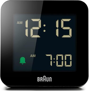 Цифровий будильник Braun BC09B з функцією сну, негативним LCD-дисплеєм, швидким налаштуванням і наростаючим сигналом, чорний