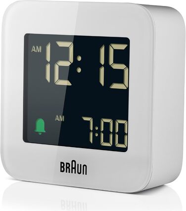 Цифровий дорожній будильник Braun BC08W з функцією відстрочки, компактний, негативний LCD-дисплей, швидке налаштування, наростаючий сигнал, білий