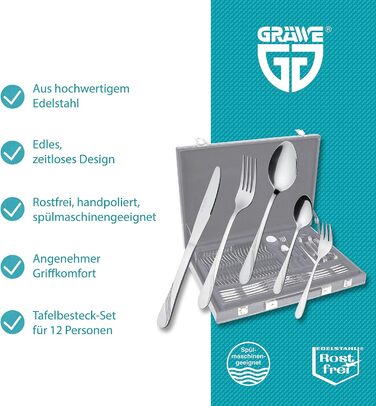 Набір столових приборів GRÄWE Stralsund на 12 осіб, 60 предметів, нікель-безпечна нержавіюча сталь, ручне полірування, для посудомийної машини