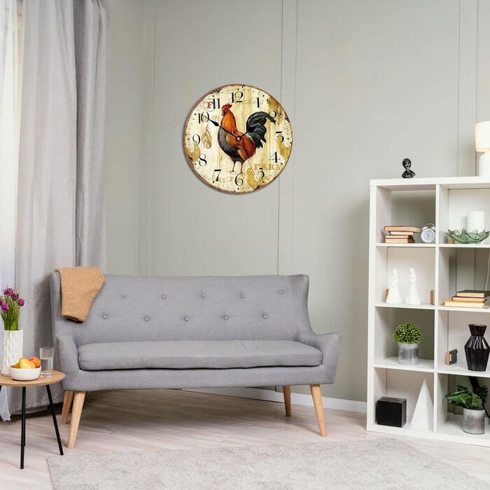Стіна годинник VIKMARI Rustic Rooster 14 дюймів — безшумний кварцовий, на батарейці, для кухні, круглий, преміум-якість